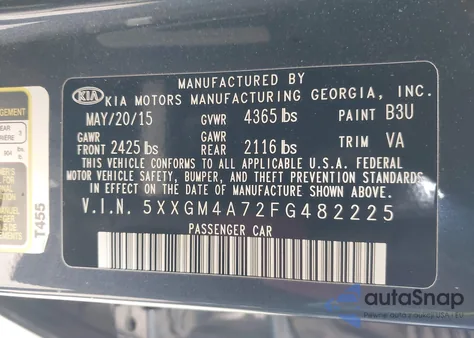 2015 Kia Optima Lx from USA, damaged, VIN 5XXGM4A72FG482225